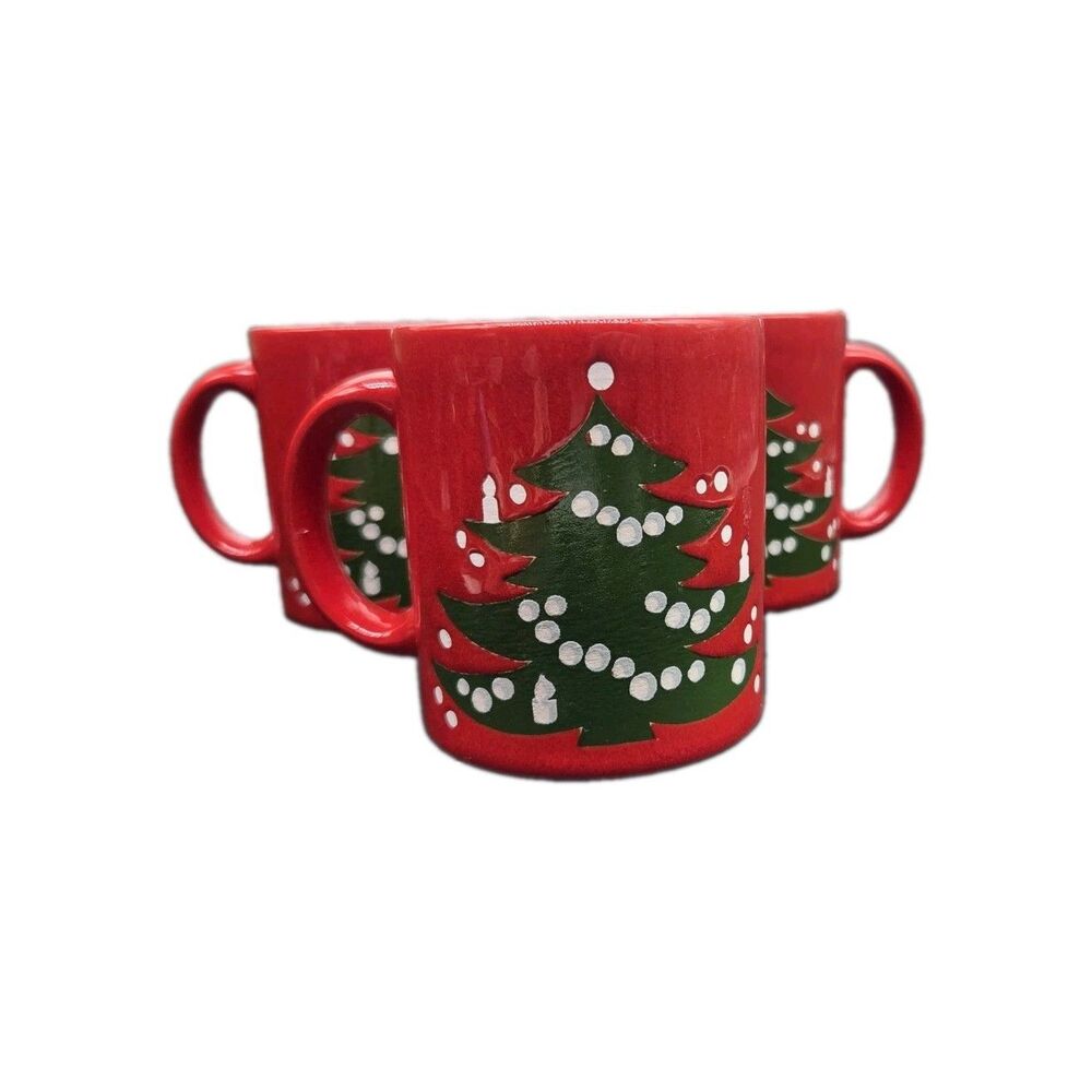 Set Of 3 Vintage Waechtersbach W Germany Christmas Tree Red Mugs Holiday